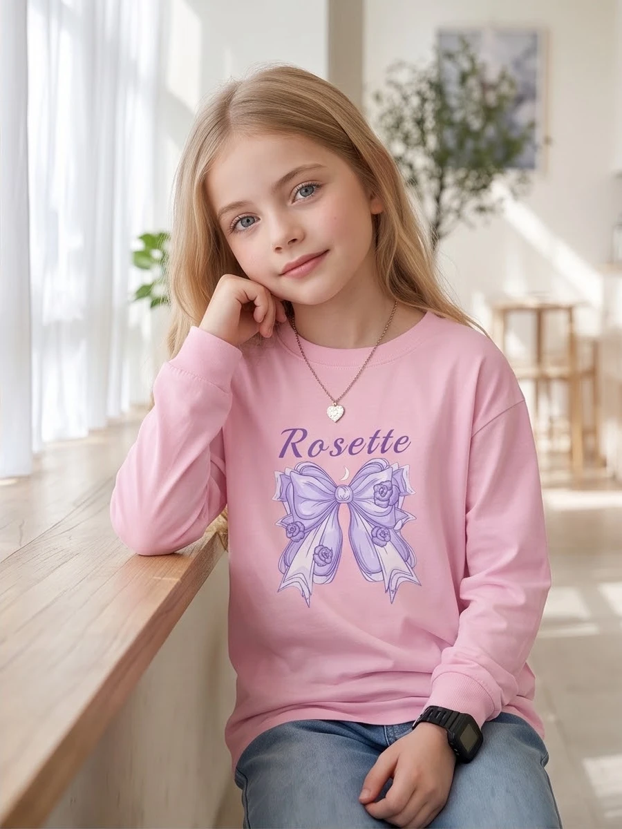 Sweet Princess Elegant Purple Bow Print Girls Basic Long Sleeve T Shirt Pure Cotton Lightweight Loose Kids Fashion Tops