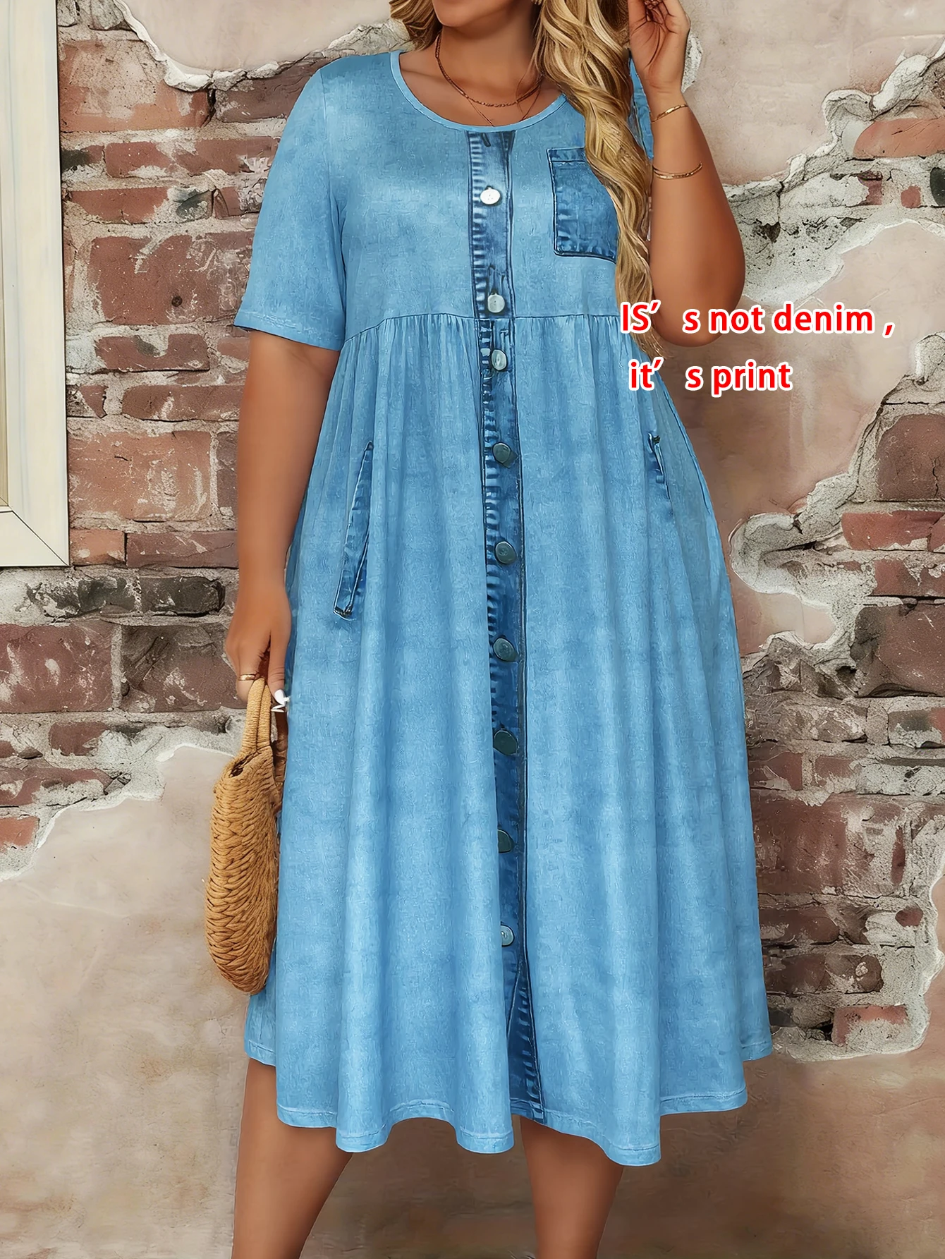 Plus Size Midikleid mit Faux-Denim-Print und halben Ärmeln, lässiges Sommerkleid mit Rundhalsausschnitt und Seitentaschen, Sommerkleid für den Alltag und den Urlaub – Detail 2