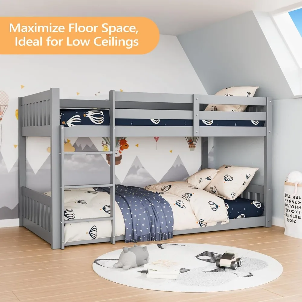 سرير بطابقين منخفض من الخشب الصلب للأطفال/الصغار، إطار سرير بطابقين مع درابزين وسلم للأولاد والبنات، بدون صندوق زنبركي #3