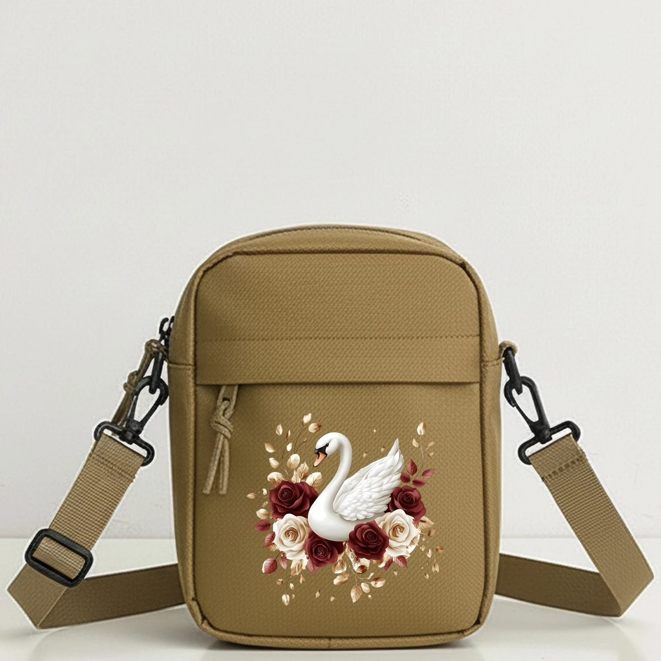 Elegant Swan and Rose Print Mini Shoulder Bag Adjustable Strap Versatile Organizer for Everyday Use Parties Walking Work
