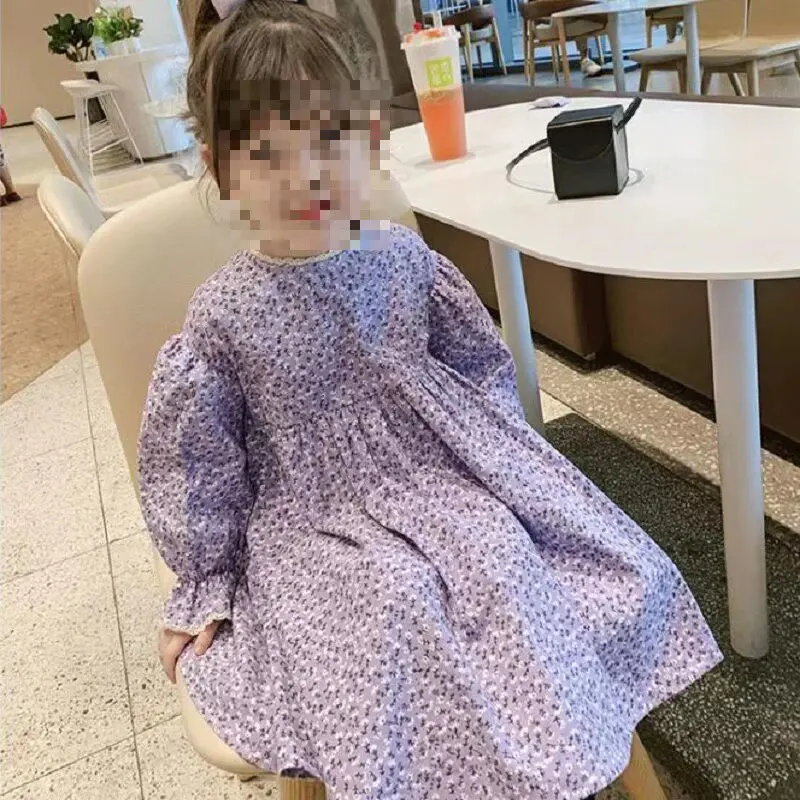 Girls Autumn Heavy Embroidery Lace Skirt Set Purple Bell Sleeve Floral Lolita Dress Apron Cotton Fashion Ensemble for Teens