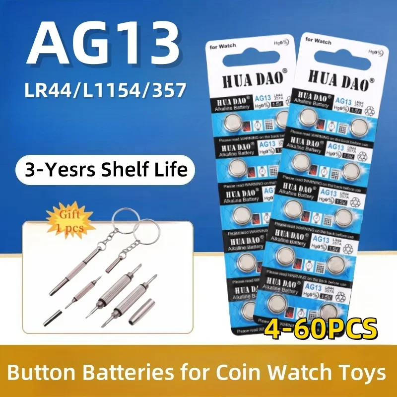 4-60PCS AG13 LR44 Button Cell A76 357 357A LR1154 SR1154 SR44 GP76 Button Battery For Watch Car Key Remote Control Electric Toy