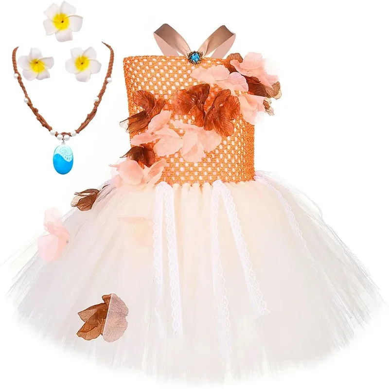 

Moanna Princess Dresses for Girls Christmas Halloween Costumes for Kids Birthday Ballet Tutu Outfit with Flowers Ring Necklace