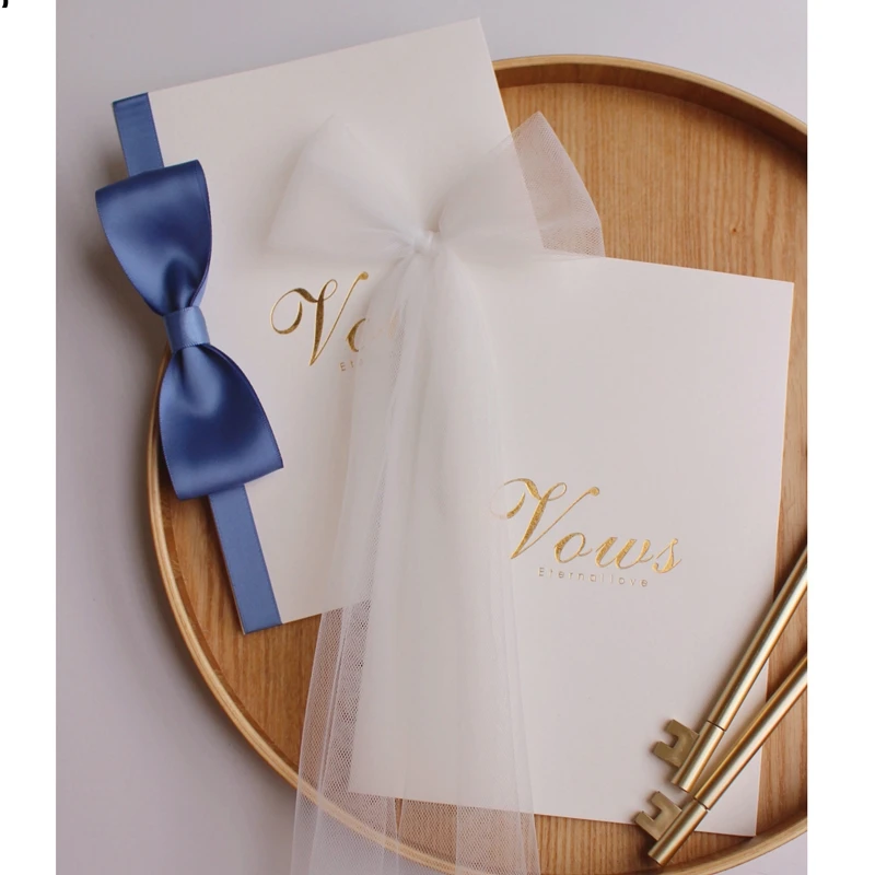 

1 Pair INS Style Bronzing Tie and White Yarn Wedding Vow Books Card with Pens Decoration Invite Gift Book Ribbon Vows Card