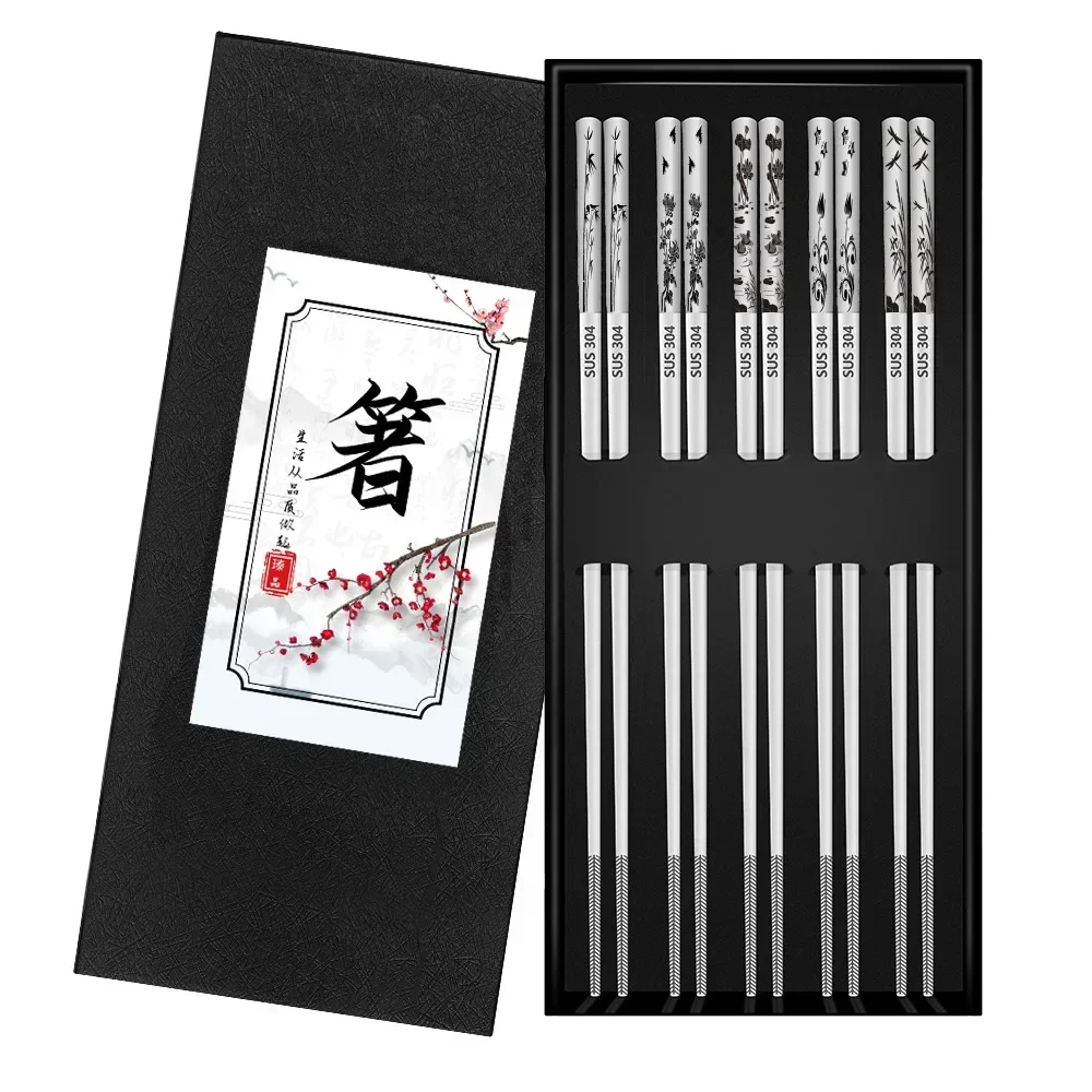 5 Pairs 304 Stainless Steel Chopsticks Reusable Non Slip Chopsticks Dishwasher for Food Sushi Sticks Kitchen Tableware