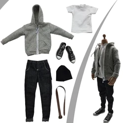 1:6 Men's Outfits Gray Hoodie T-shirt Jeans Belt Hat Shoes Set for 12'' Action Figure Gentleman Sport Suit for 12