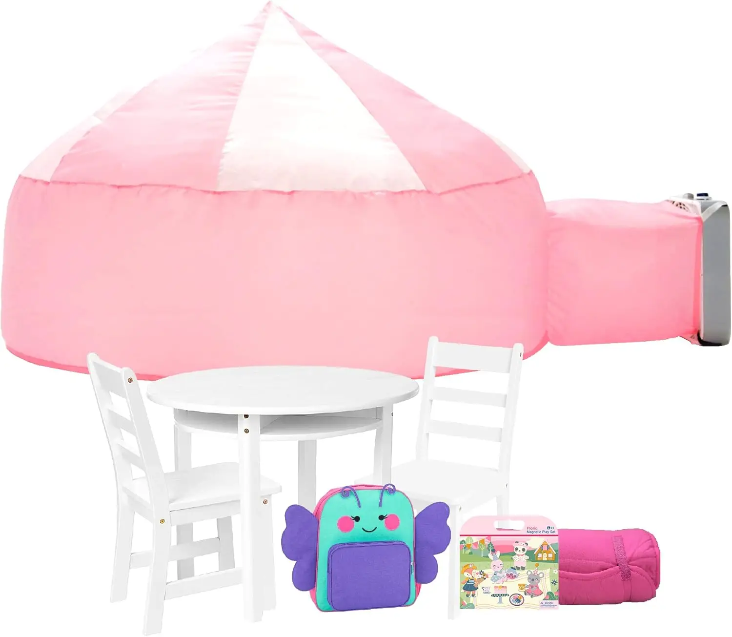 Aventis Child’S White Round Table With Shelf & 2 Chairs Fun Blushing Sleepover Bundle With Pink Air Tent Fort, Butterfly