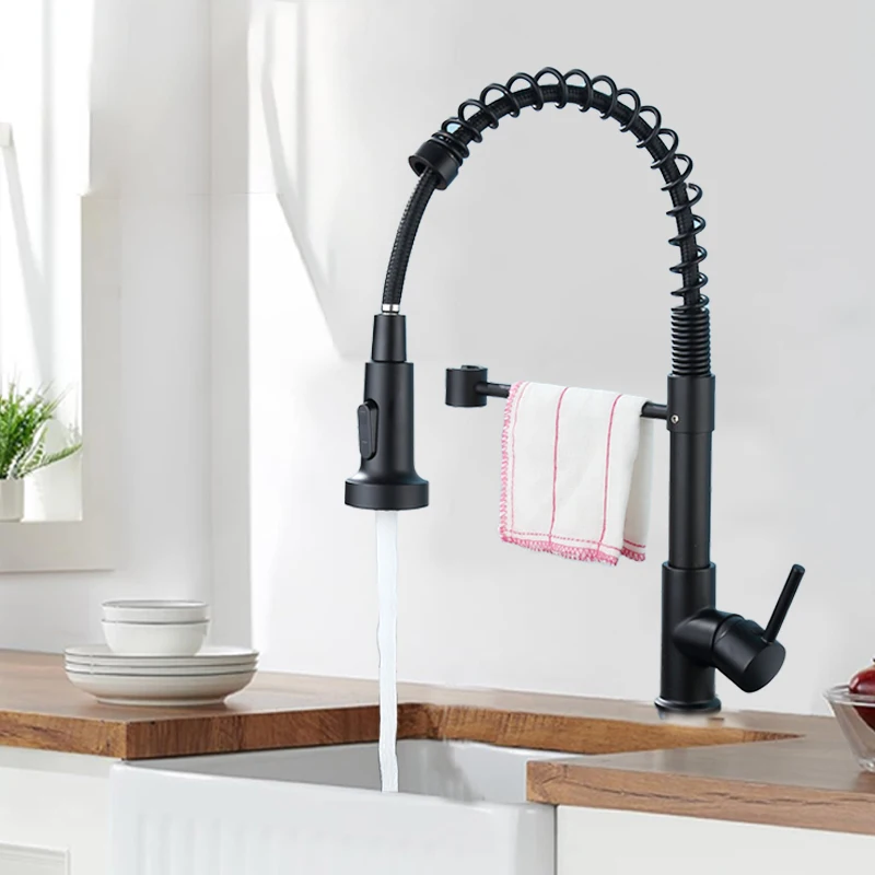 

Matte black pull-out spring faucet suitable for 1-pole sink, hot and cold mixing faucet, with hot and cold inlet pipe