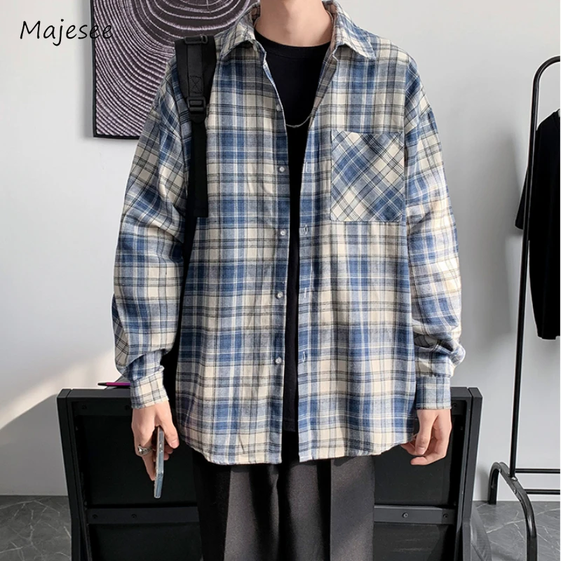 

Plaid Shirts Men Baggy Stylish Handsome Spring Autumn Panelled Normcore American Style All-match City boy Outdoor Tops Daily Ins