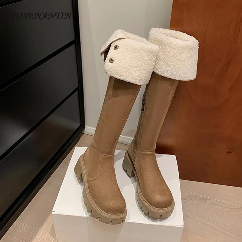 

Round Toe Thick Soled Over The Knee Boots Women Belt Buckle Suede Two Wear Fashion Long Boots Rivet Decor Warm Plush Winter Shoe