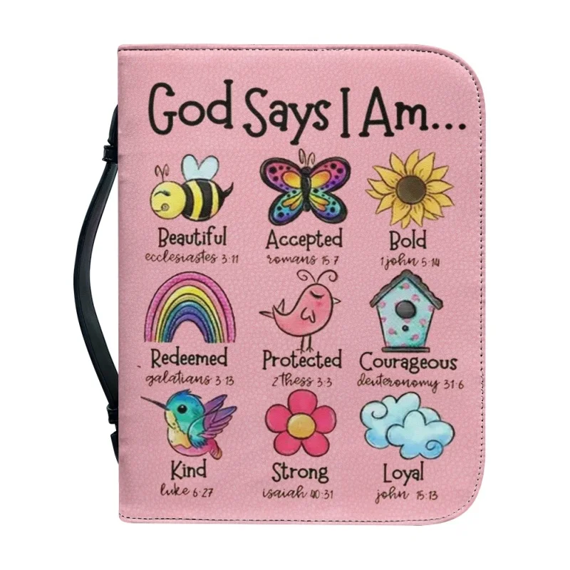 God Says You Are Cute Pink Personalized Gifts Print Church Bible Cover Case PU Handbags Study Book Holy Storage Boxes For Kids