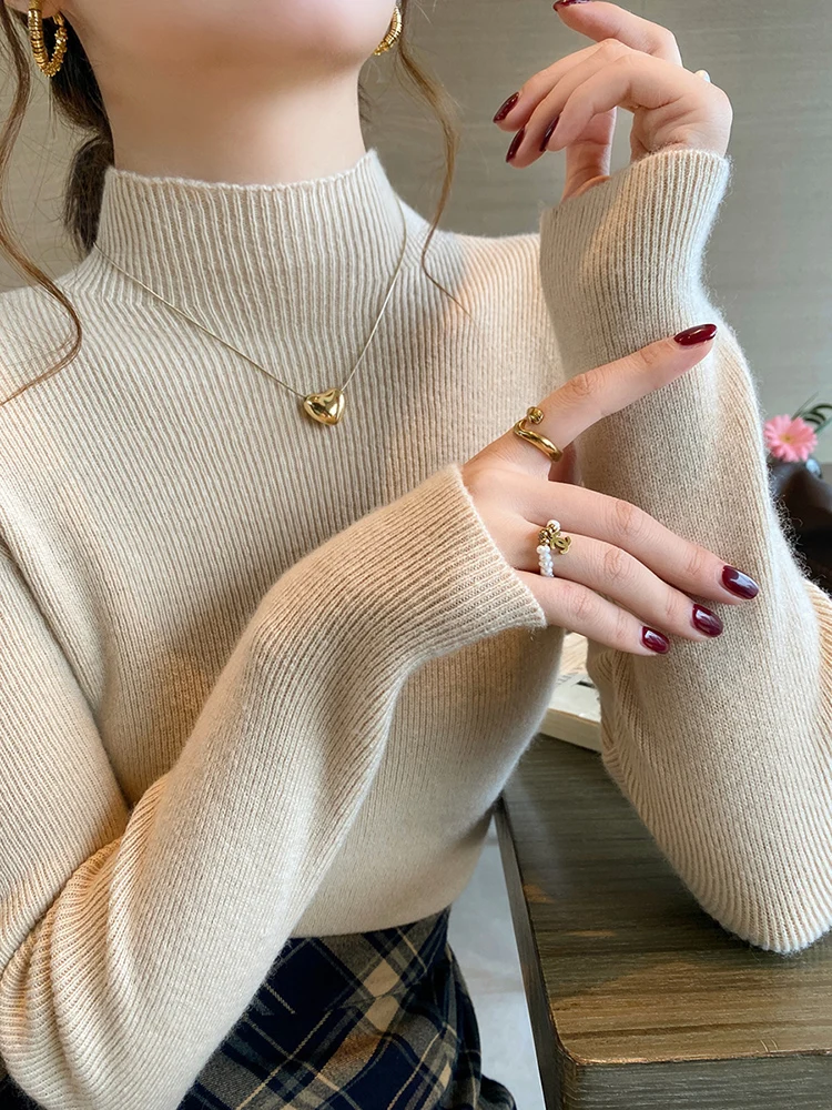 Knitted Sweater Women Pullover Half Turtleneck Jumper Female Sweater Autumn Winter Solid Slim Chic Streetwear Long Sleeve Tops