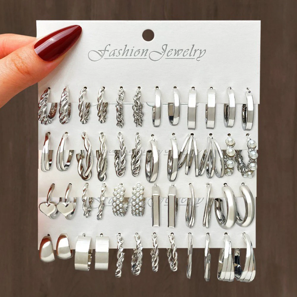 48 PCS/set Pearl Twist Hoop Earrings Set Metal Heart 2024 Fashion Trend Women Jewelry Party Dating Gifts Daily Wear Accessories