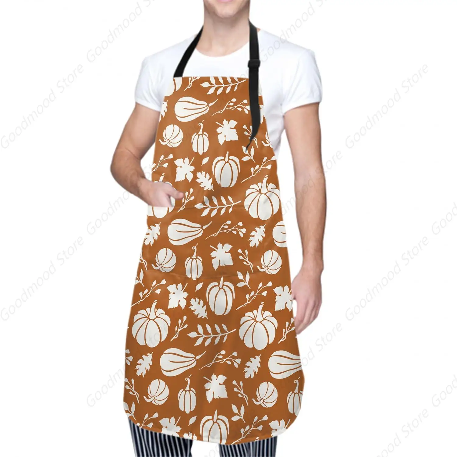 Burnt Orange Fall Apron Cooking Apron with Pockets Cream Pumpkin Maple Leaf Printed Colored Kitchen Apron Adjustable Neck