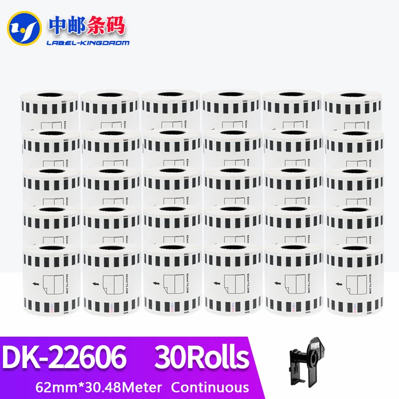 30 Refill Rolls Compatible DK-22606 Label Yellow Film Coated 62mm*15.24M Continuous for Brother Printer DK-2606