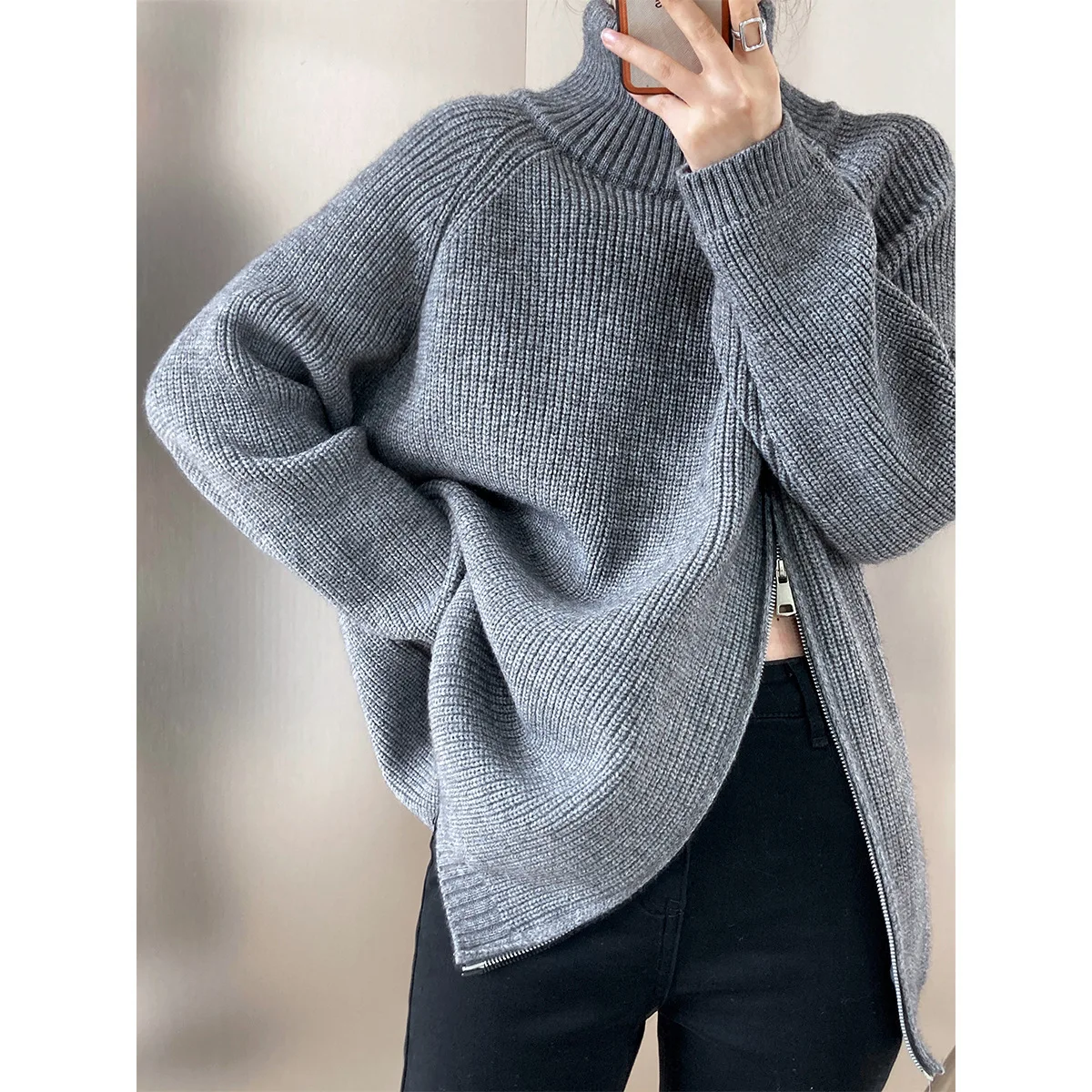 Zipper Turtleneck Jumpers Long Sleeve Sweater Gray Women Y2k 2023 Autumn Winter Sweaters Pullovers Loose Elegant Long Jumpers