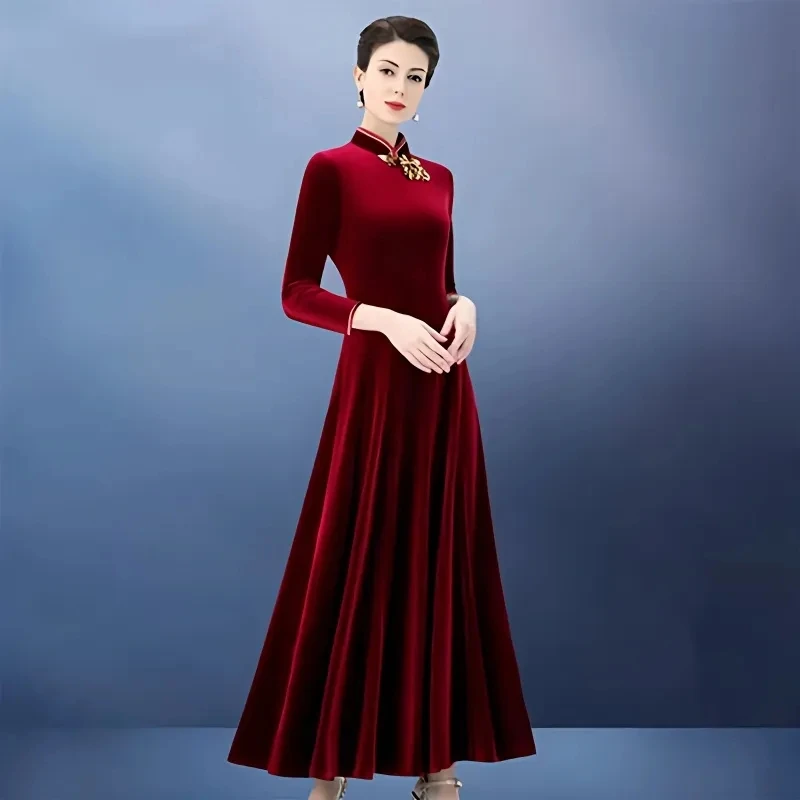 5XL Large Size Autumn Winter Chinese Style Golden Velvet Dress High End Cheongsam Dress Middle-aged Mother Elegant Long Vestidos