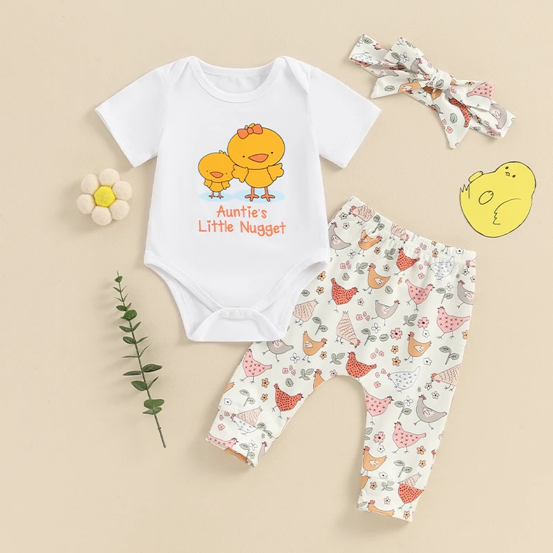 

2024-03-07 Lioraitiin Toddler Baby Boy Girl Outfit Chick Print Short Sleeve Romper+Elastic Waist Flower Print Pants+Headband Set