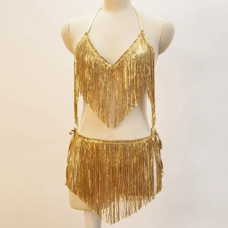 

Halloween Belly Dance Short Sequin Tassel Set Performance Costume M Bright Sequin Set Gift Traditional National Stage Costume