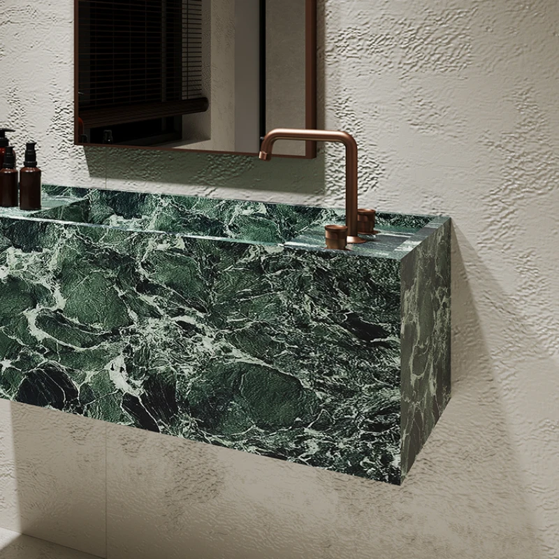 Green cold jade marble luxury stone slab hanging wall type narrow edge thin edge wash basin