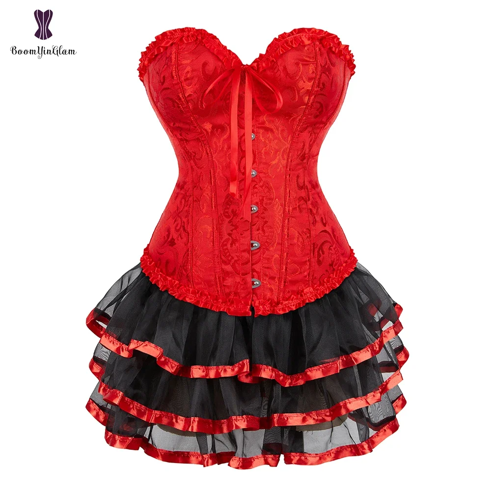 Vintage Corset Dress Overbust Bustier Top With Layered Mesh Skirt Clubwear Retro Costume