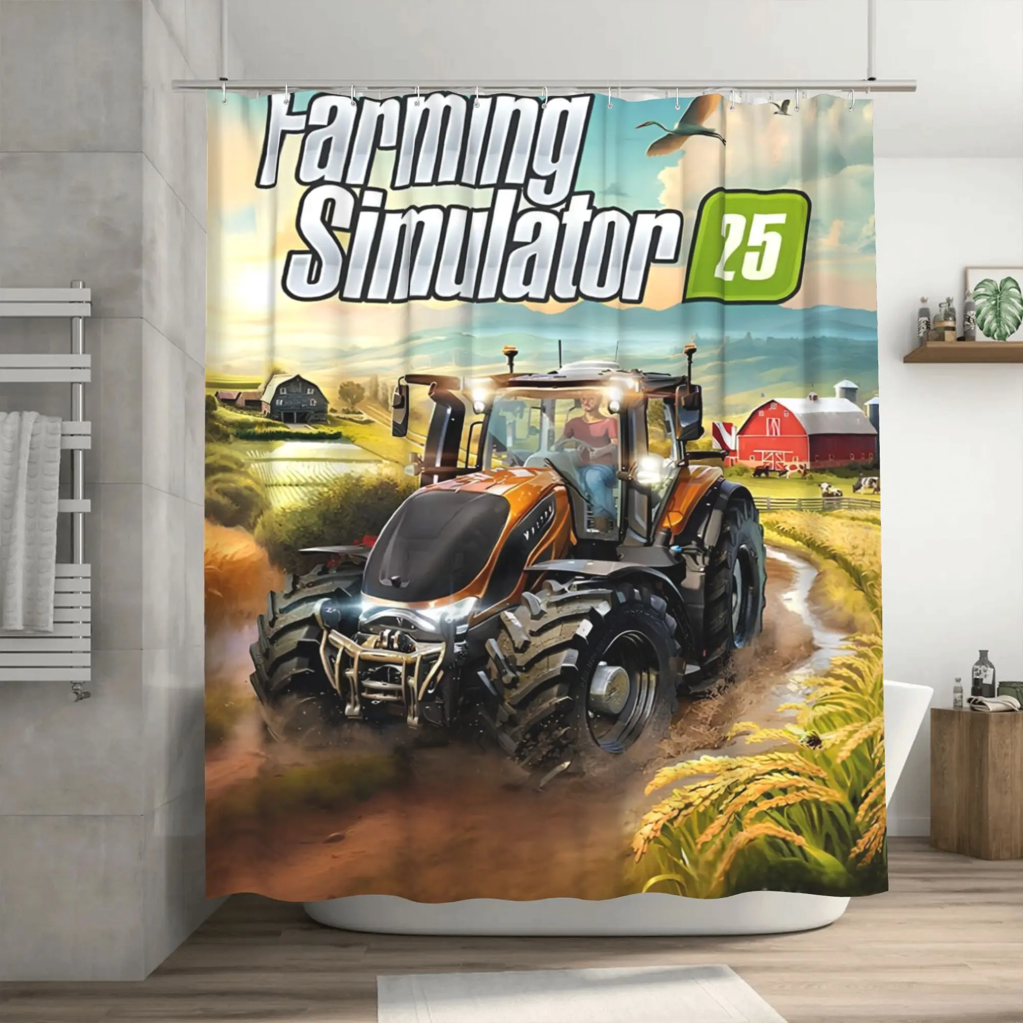 Farming Simulator 25 Shower Curtain Game Cover Art with Tractor and Countryside Scene for Gamer Gift Waterproof Fabric with