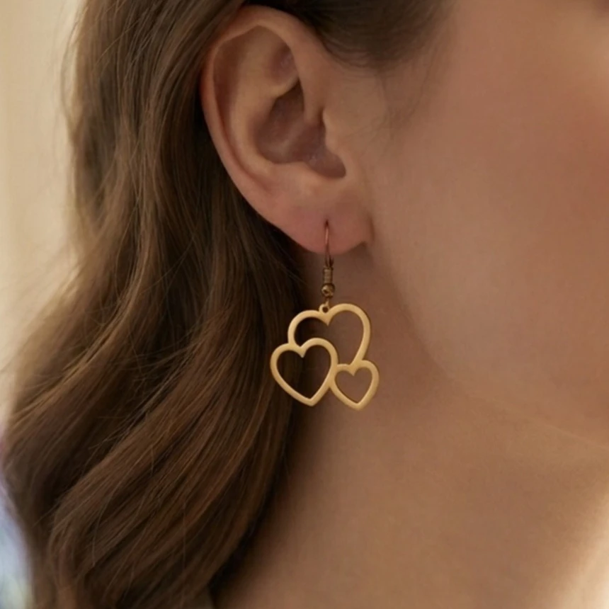 Romantic Hollow Interlocking Triple Heart Earrings For Women Simple Love Dangle Earring Wedding Birthday Gift Statement Jewelry