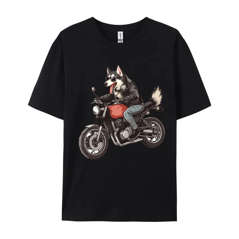 Husky Rides A Motorcycle T-shirt Dog Hip hop Fashionable Tops Shirts Animals O-Neck 100% Cotton Adult T-Shirt Men Brand Clothing