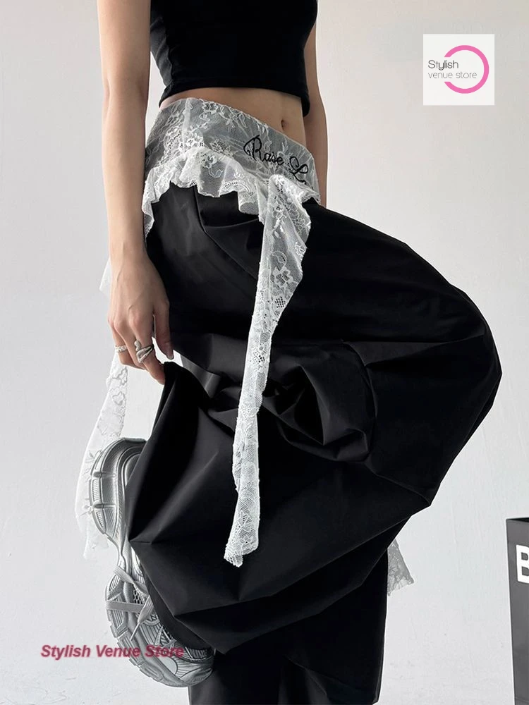 

American fashion Joker lace stitching loose fart curtain casual pants women's summer temperament casual fake two wide-leg pants