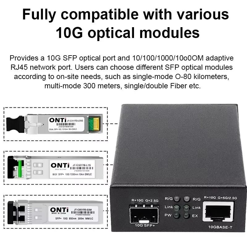 JT-COM 10G SFP + الألياف إلى RJ45 محول الوسائط SFP + 10/100/1000M/10G محول إيثرنت جهاز الإرسال والاستقبال متوافق مع سيسكو الخ