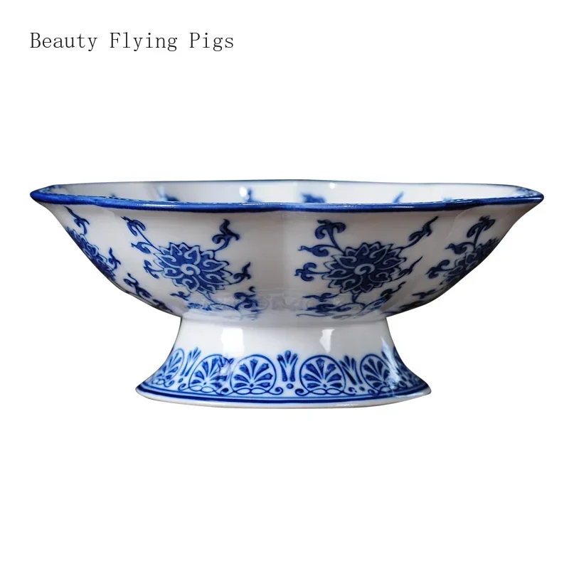 1PCS Blue and White Porcelain Tribute Plate Hand drawn Chinese Retro Offering Fruit Plate Buddha Hall Feng Shui Ornament