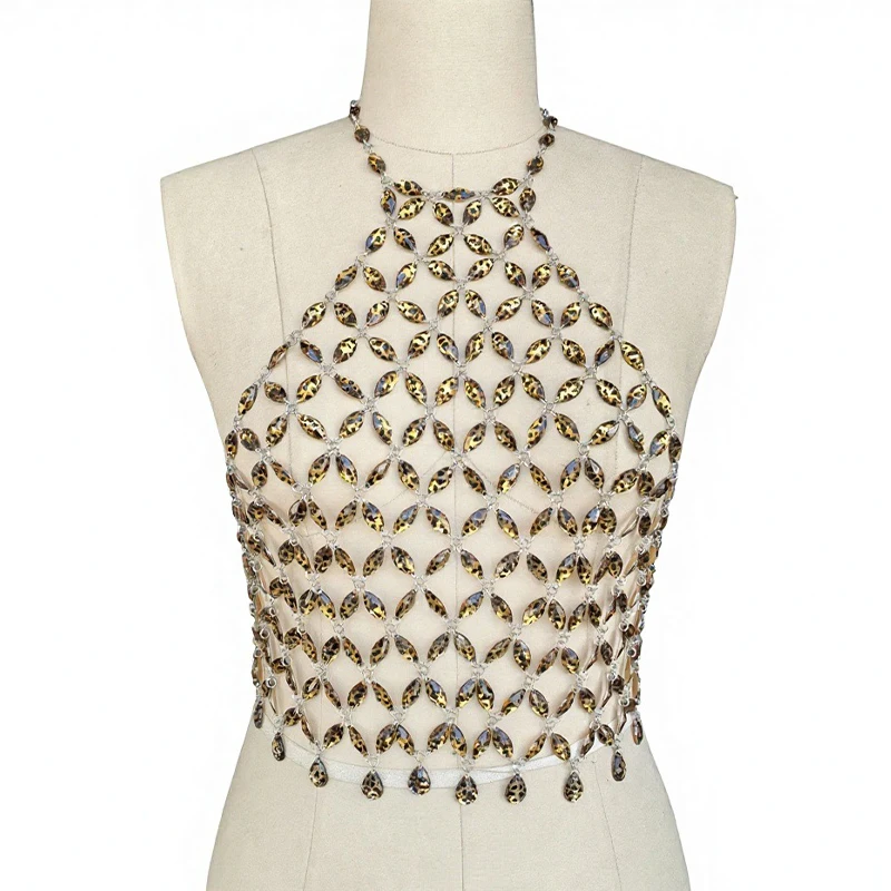 Women Concert Festival Outfit Hallow Out Halter Tank Top Body Chain Crop Top Leopard Crystal Body Harness