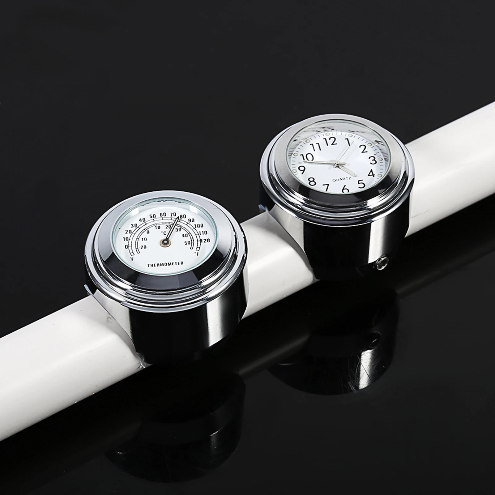 7/8" 1" Motorcycle Handlebar Mount Watch Dial Clock & Thermometer Temp White view 5