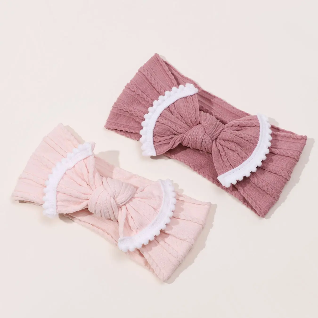 2Pcs/Lot Cable Knit Baby Headbands Pink Series Elastic Bowknot Hairball Edge Hair Bands For Newborn Girls Kids Hair Accessories