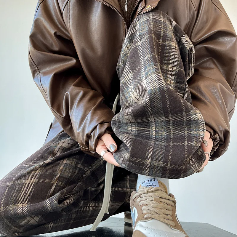 Vintage High Waist Wool Plaid Wide Leg Pants for Women, Autumn Winter Casual Fleece Straight Pants, Full Length Capris