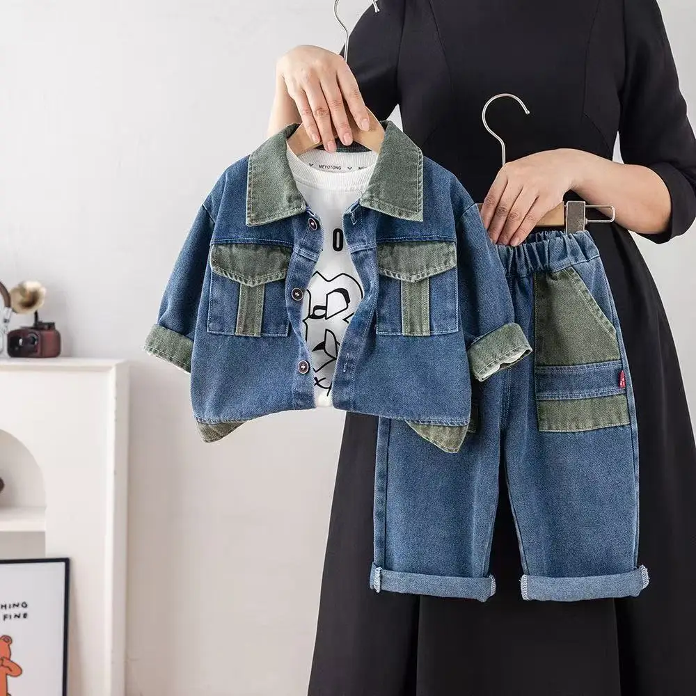 Toddler Boys Spring and Autumn Set Kids Contrast Color Denim Jacket + Jeans + T-Shirt Three-piece Set