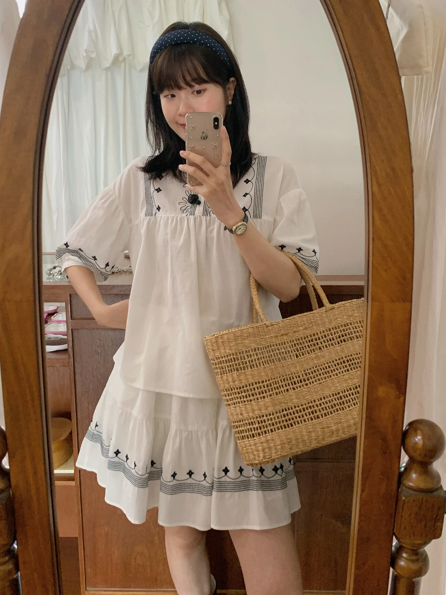 

Retro White Heavy Embroidery Floral Print Shirt Top Half Skirt Short Set Women's Summer New Cotton Breathable Loose Fit Blouse