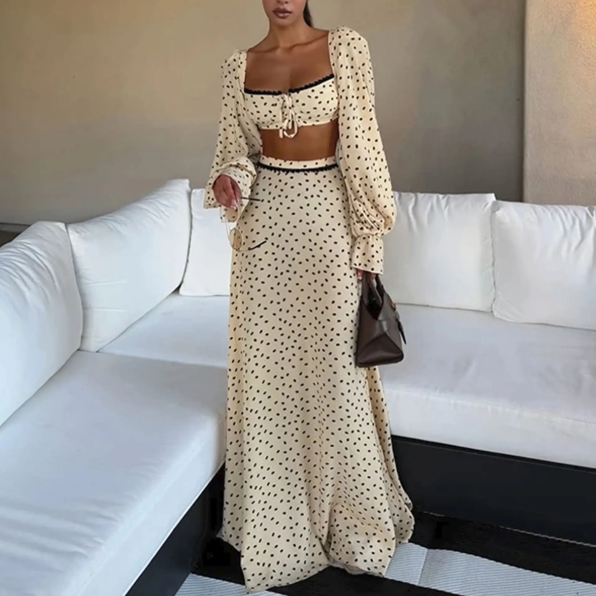 AW Sexy Polka Dot Tank Top Skirt Women Set Beach Long Lantern Sleeve Tops A-line Trumpet Skirts Suit Spring Autumn Lady Outfit