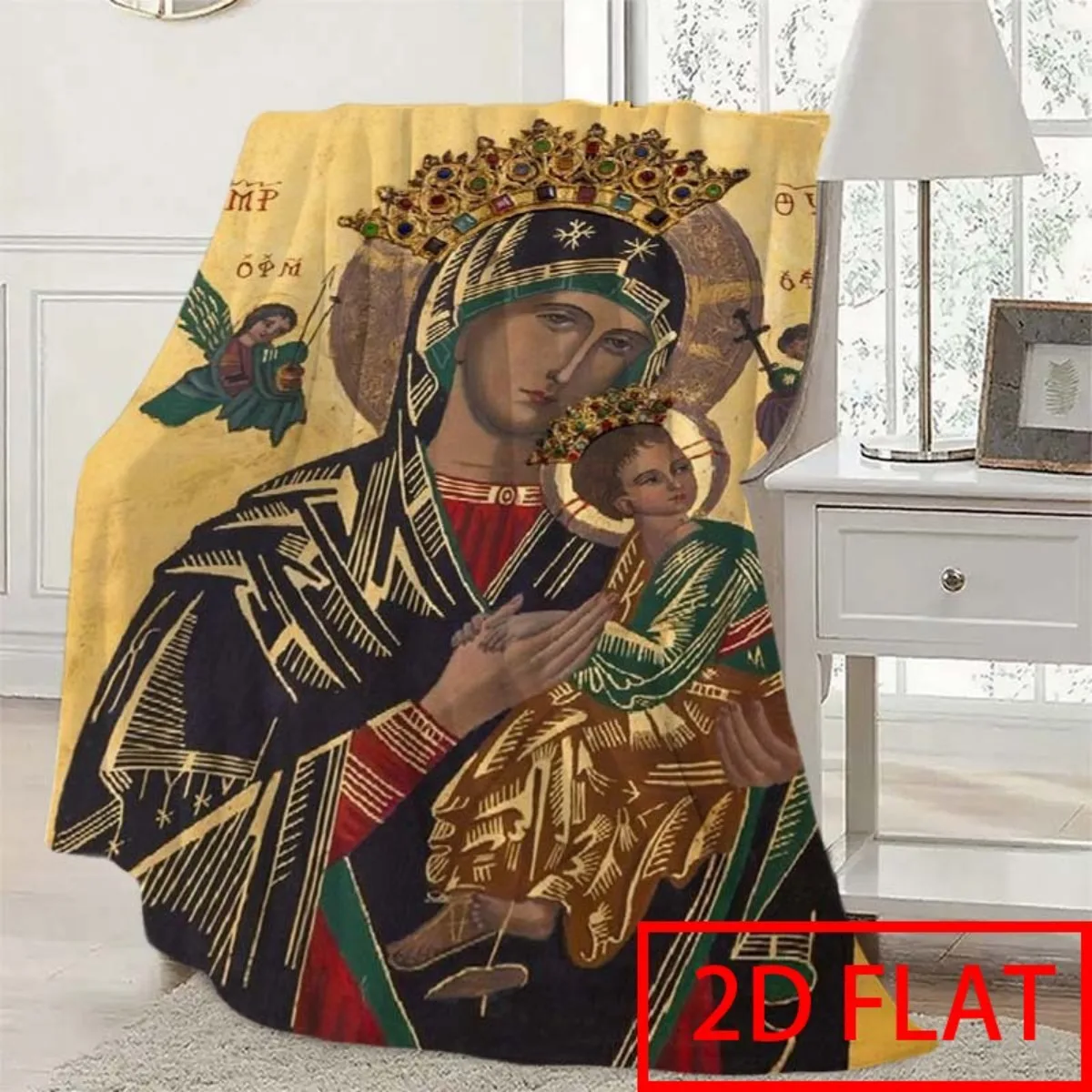 Iconic Mother and Child Religious Art Throw Blanket Christian Byzantine Style Wall Decor Gift for Church Home