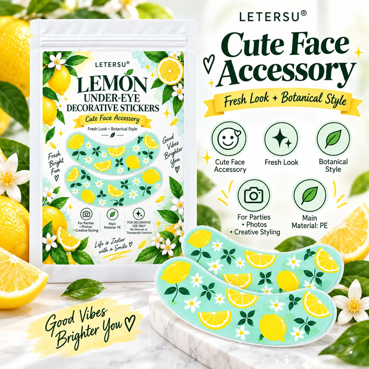 4PCS Lemon Print Under Eye Stickers, Cute Fruit Eye Patches, Summer Face Makeup Accessories for Women, Beach Party Festival Phot