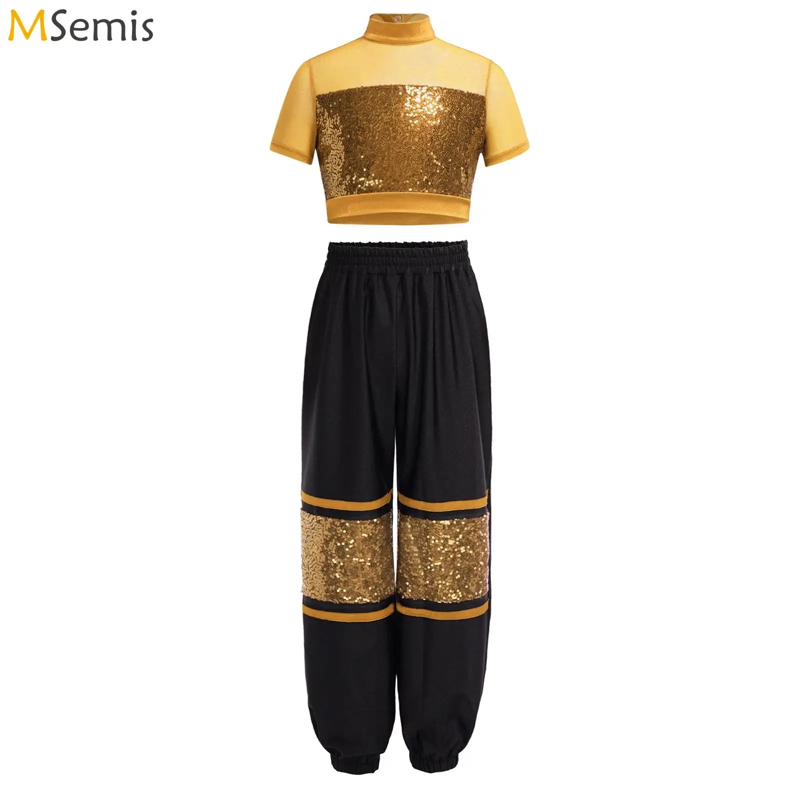 

Kids Girls Sequins Hip Hop Jazz Dance Outfit Short Sleeve Mesh Sparkling Crop Top Pants Street Jazz Dance Performance Costume