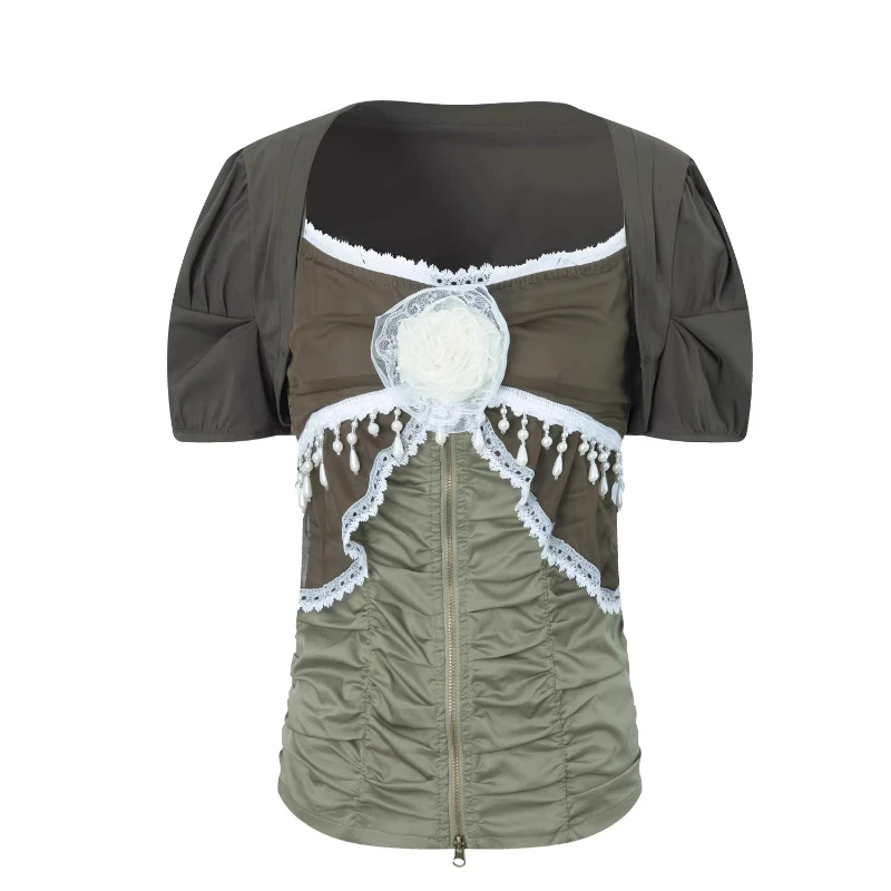 Spring Summer Chiffon Lace Heavy Elastic Slimming Wommen's Sling Original Design Sweet Cool Puff Sleeve Smock 2-Piece Set Ladies