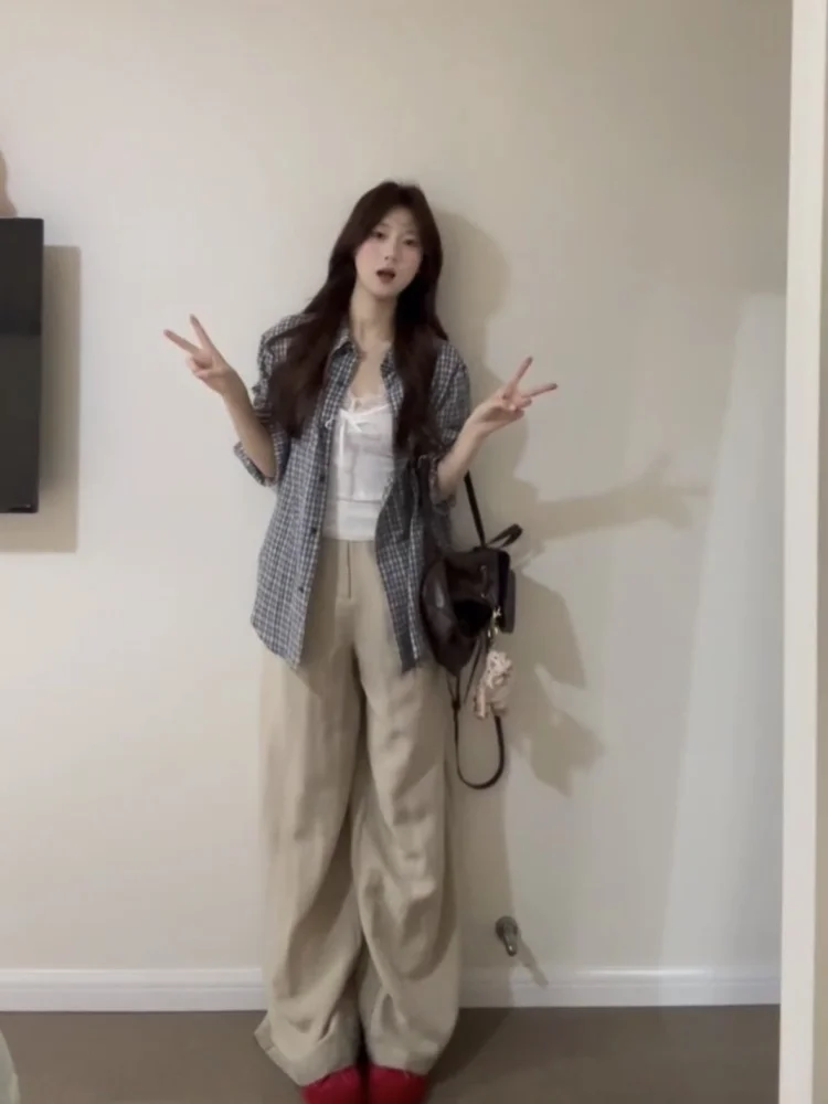 Korean Sle Long Sve Plaid Loose Women's irt Summer Versatile Lazy Sle Top Outerwear Sun Protection irt Blouse