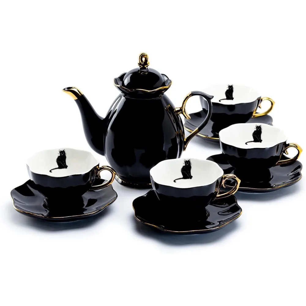 

Black Gold Scallop Teapot + 4 Black Cat Tea Cup and Saucer Set