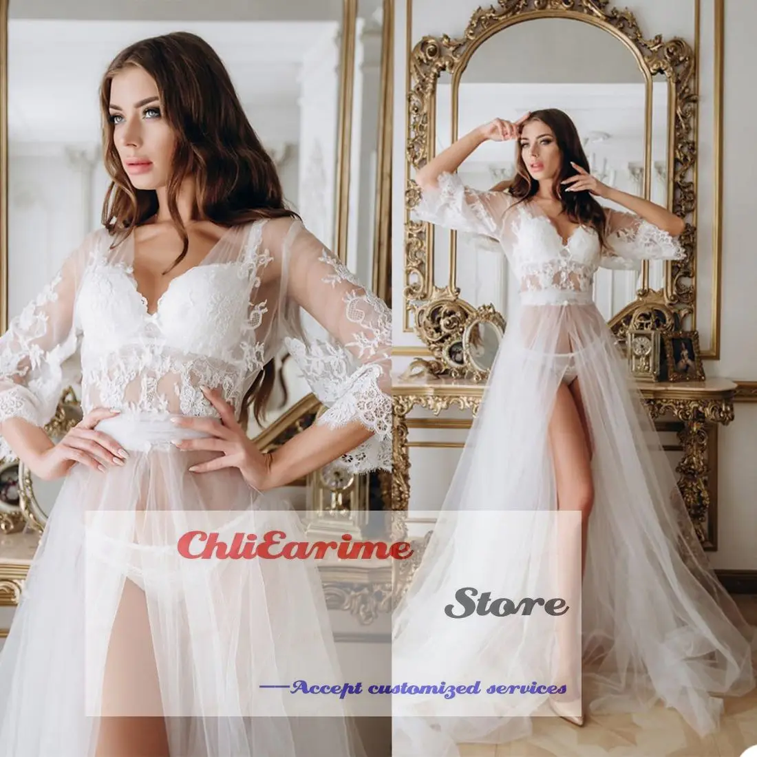 Bridal Robe Wedding Gowns For Women 2023 Bride Luxury Custom Bathrobe Lace Tulle Floor Length Boudoir Birthday Party