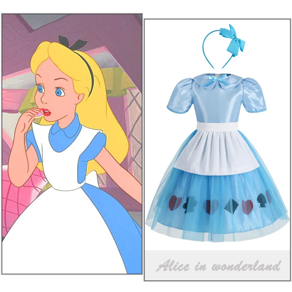 Alice In Wonderland Princess Costume for Baby Girls Halloween Cosplay Kids Party Christmas Dress with Apron and Headband
