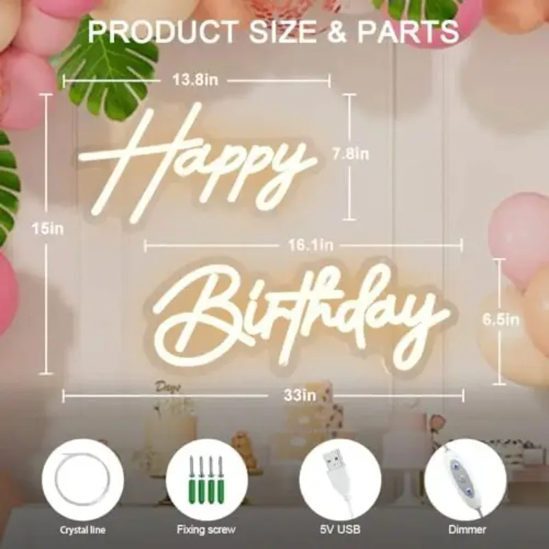 31 "x15" Happy Birthday Light Emitting Diode Neon Wall Mounted Outdoor/Car Advertising DC Power Supply