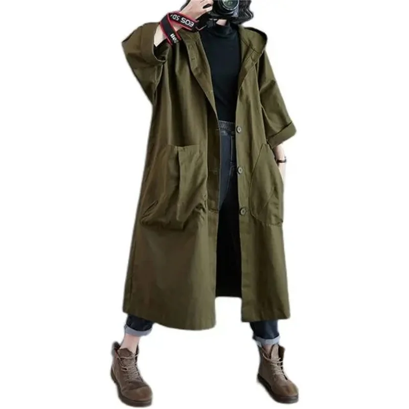 Oversized Spring And Autumn Trench Coat Women\'s New Korean Loose Versatile Hooded Windbreaker Women\'s Long Coat Big Pocket Jacke