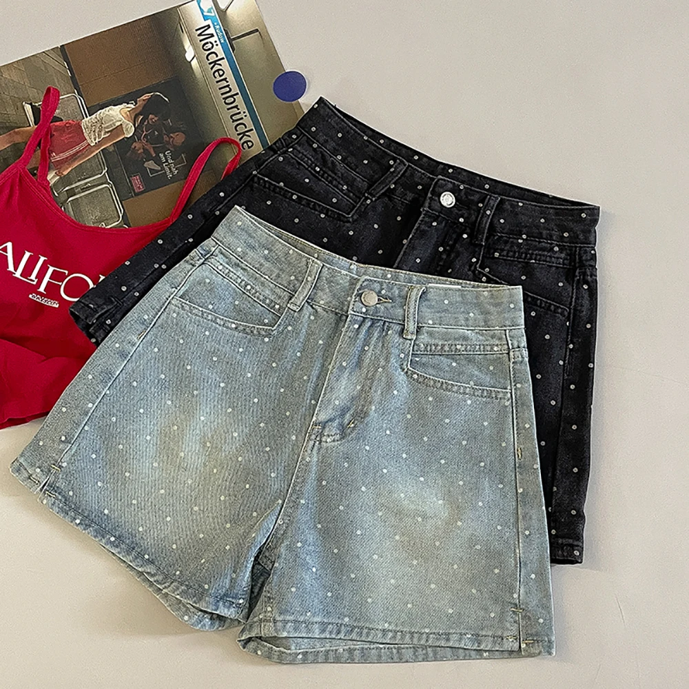 

Women's Summer High Waist Bolka Dots Short Pants Korean Solid Color Casual All-Match Jeans Party Club Denim Shorts