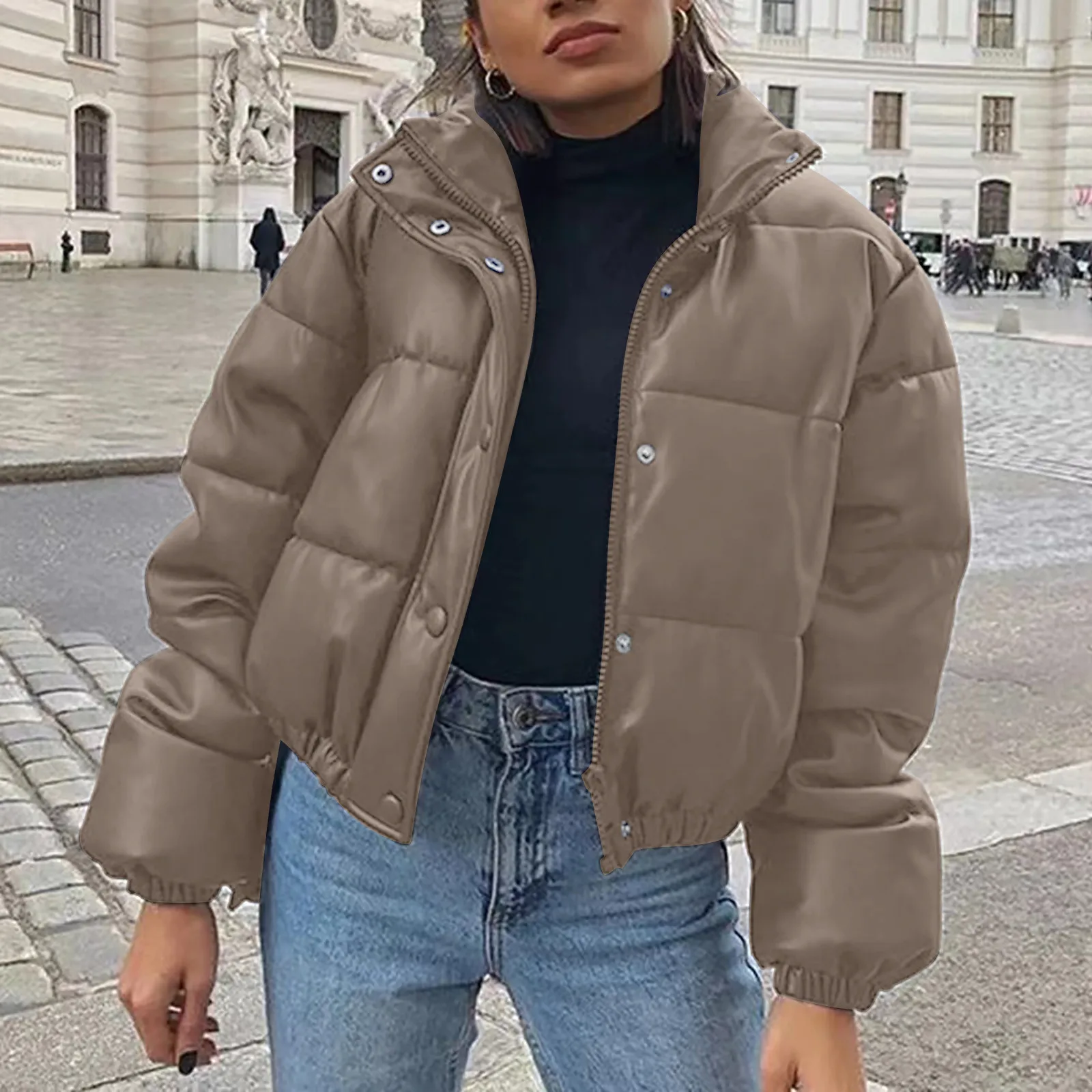 Solid Color Commute Winter Parka Coat Clothing Women Thick Warm Fashion PU Leather Outerwears 2024 New Elegant Zipper Jackets